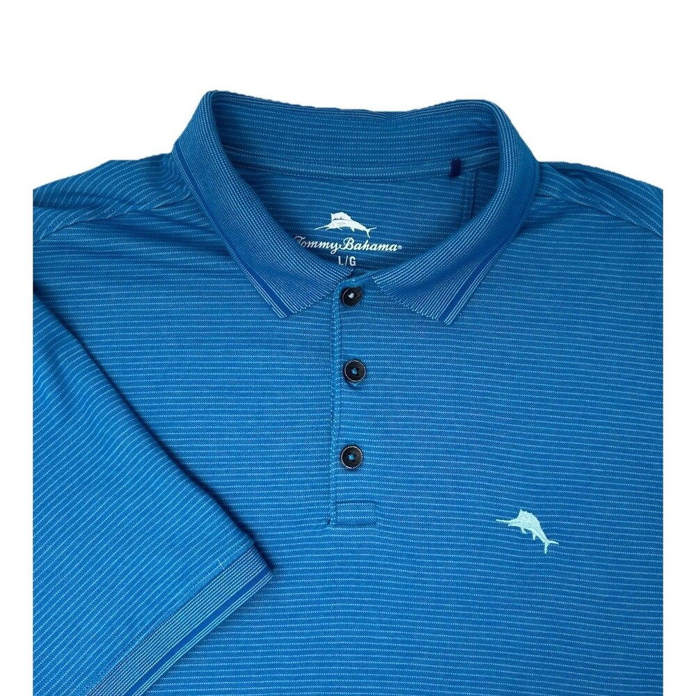 Tommy Bahama Men’s Large Polo Shirt Blue Striped Marlin Logo‎ Short Sleeve
